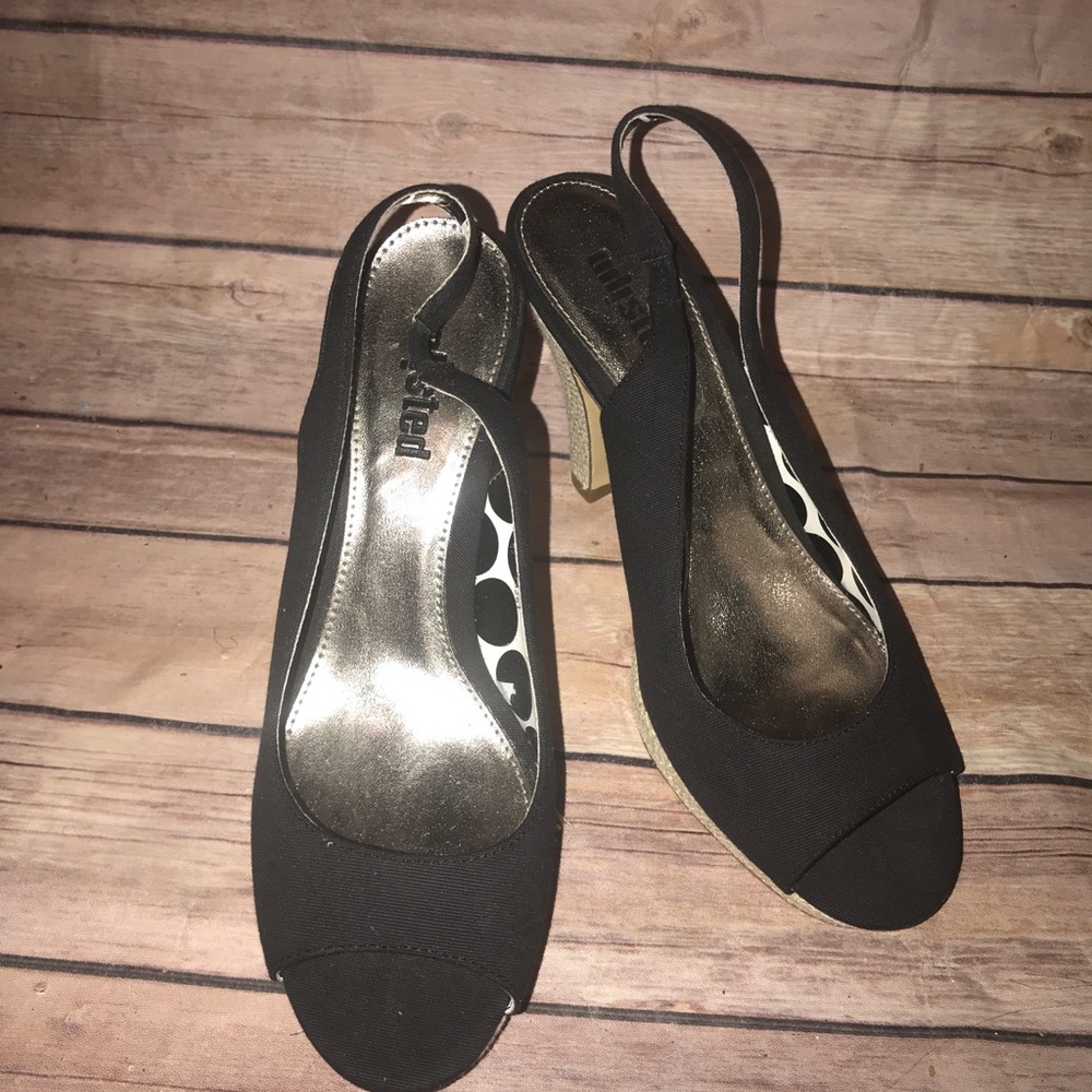 Unlisted Black canvas peek toe sling back heels